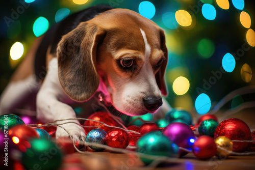 Closeup of a happy beagle wearing a string of colorful Christmas lights as a festive collar, eagerly digging into a plate of holidaythemed dog treats. © Justlight