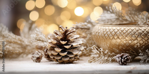Detailed shot of a pine cone, dusted in shimmering gold glitter, adding a touch of glamour to a rustic holiday centerpiece.