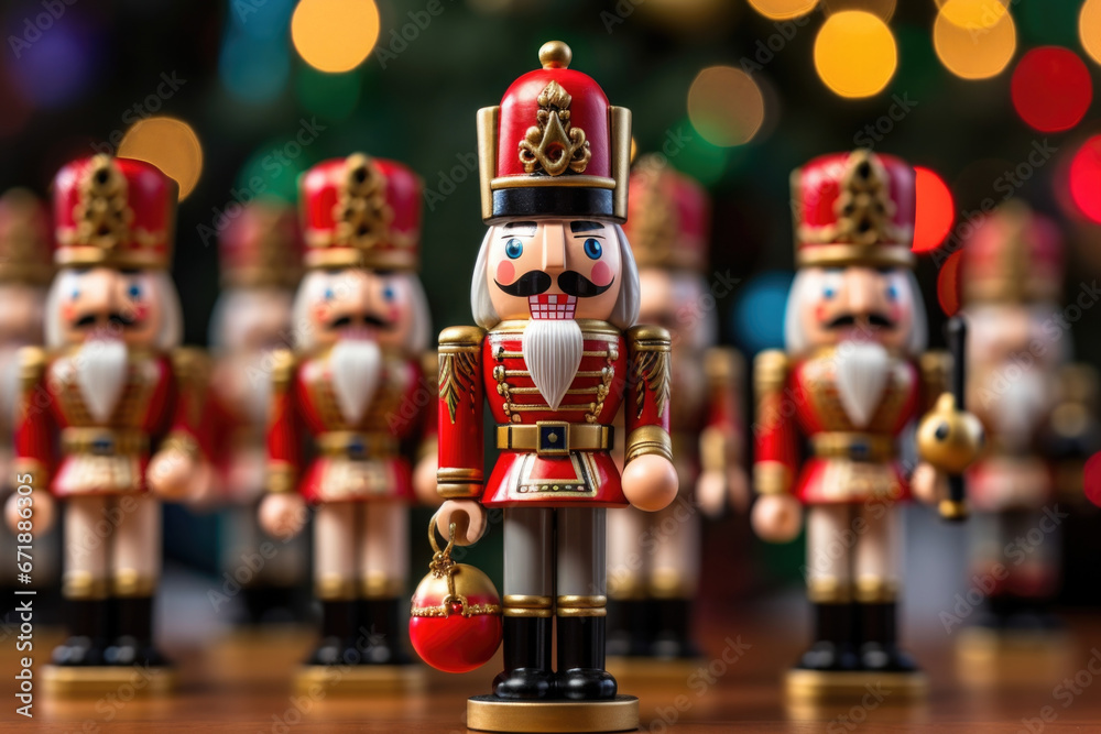 Closeup of a intricate nutcracker figurine, standing tall a other festive decorations. Closeup of a intricate nutcracker figurine, standing tall a other festive decorations.