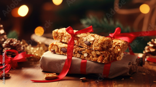 A bundle of homemade granola bars, packaged in individual bags and tied together with a rustic bow, perfect for a quick holiday snack.