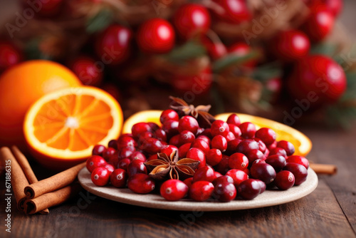 Bright red cranberries tered a an arrangement of dried orange slices and cinnamon sticks on a table as a centerpiece.