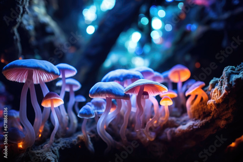 Closeup of a mesmerizing bioluminescent cave, with adventurers marveling at the otherworldly glow of the fungi and crystals that line the walls.