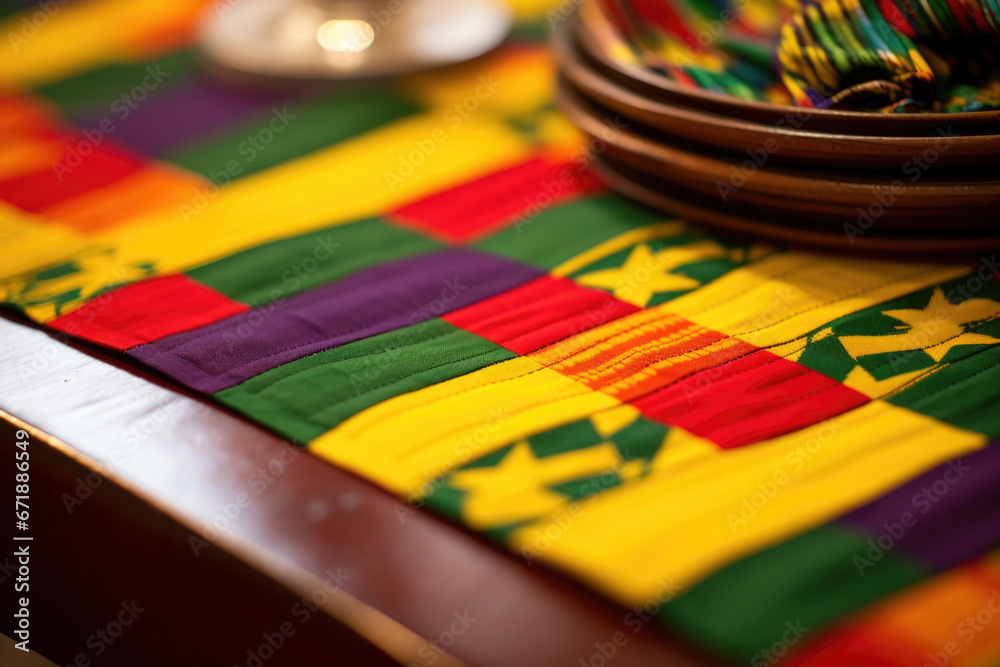 Closeup of a handwoven Kente cloth table runner, adorned with symbolic
