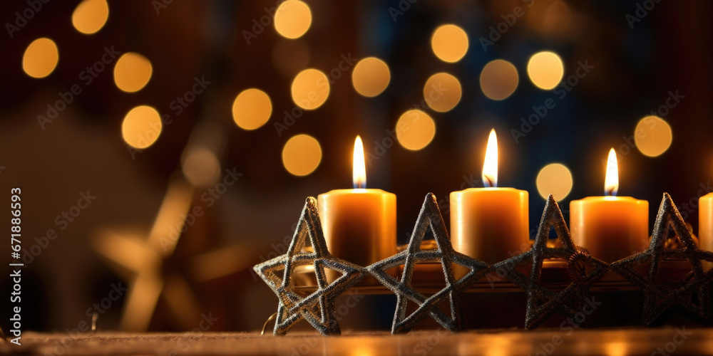The flickering lights of a menorah, captured in a closeup as it is lit during Hanukkah, in a Jewish household adorned with traditional dreidels and other festive decorations. The flickering lights of a menorah, captured in a closeup as it is lit during Hanukkah, in a Jewish household adorned with traditional dreidels and other festive decorations.