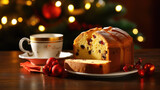 The traditional Italian Christmas dessert, panettone, captured in a closeup with its golden crust and candied fruit peeking through, accompanied by a hot cup of espresso.