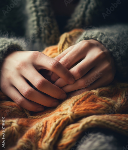 Woman in sweater warming her hands  close-up