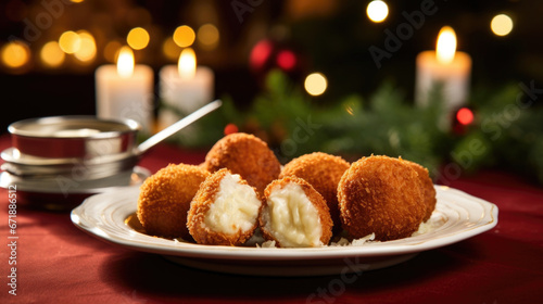 A plate of crispy croquettes filled with shredded leftover prime rib, mashed potatoes, and a touch of horseradish for a unique and delicious leftover dish. photo
