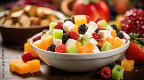 A table covered in colorful ingredients chopped fruits  mini marshmallows  and chocolate chips for a festive holiday fruit salad that kids can easily assemble themselves.