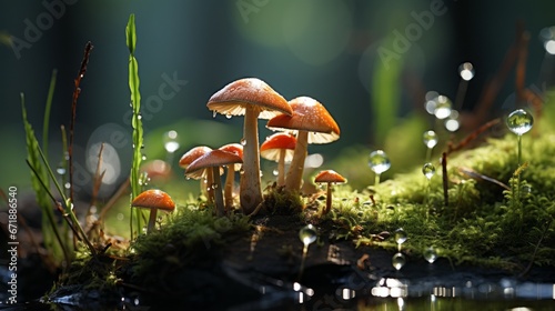 A group of tiny mushrooms in the grass with dewdrops. Generative AI. 