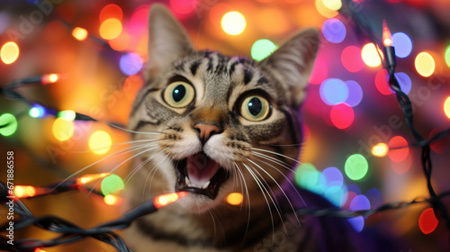 Closeup of a mischievous tabby cat tangled in a string of colorful Christmas lights, with a guilty expression on his face.