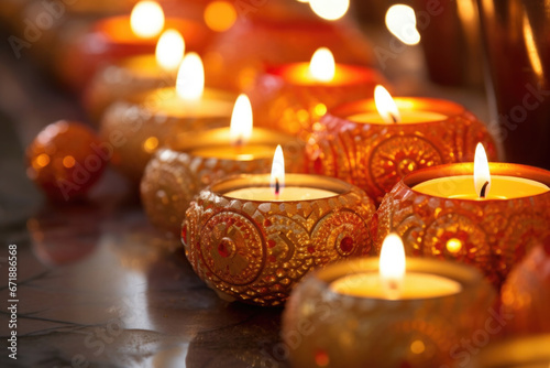 A closeup of a dazzling display of Diwali lights, shining bright in a Hindu home to celebrate the festival of lights during the Christmas season.