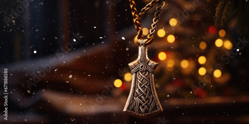 A pendant shaped like the hammer of Thor, adorned with intricate runes and symbols. photo