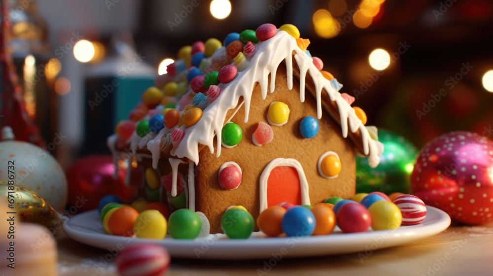 Highangle shot of a homemade gingerbread house, with colorful candy decorations, being used as a model to demonstrate the concept of structural engineering.
