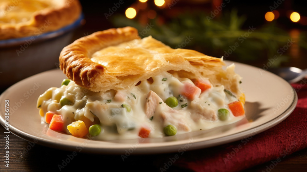 Closeup of a hearty chicken pot pie, with a ery crust and a filling of tender chicken, diced vegetables, and a creamy sauce. Closeup of a hearty chicken pot pie, with a ery crust and a filling of tender chicken, diced vegetables, and a creamy sauce.
