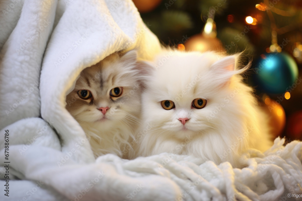 Closeup of a pair of fluffy white Persian cats cuddled up together under a cozy blanket, with a glowing Christmas tree in the background.
