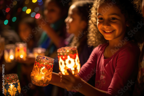 Closeup of a group of young girls in Egypt wearing bright and colorful Fawanees lanterns, while singing traditional Christmas carols. The lanterns are commonly made from recycled materials photo