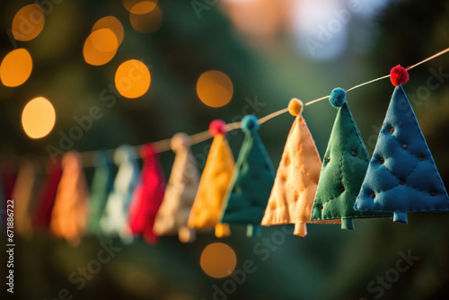 Zoomedin shot of a row of colorful ons sewn onto a green felt Christmas tree decoration.