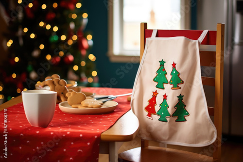 A kidsized apron hanging on the back of a chair next to a bowl filled with sugar cookie dough, waiting to be rolled out and into festive shapes.