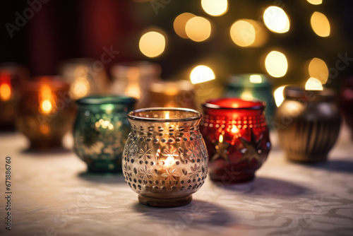 A set of mismatched vintage Christmas candle holders, each one unique in its design and patina, creating a nostalgic and cozy atmosphere.