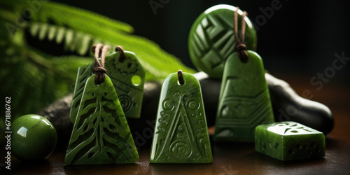 Closeup of a set of handcarved Maori pounamu greenstone pendants, depicting traditional geometric patterns and symbols, worn as a symbol of cultural significance. photo