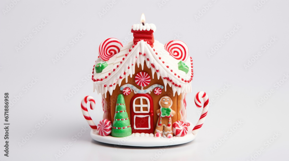 A miniature Christmas candle holder, shaped like a gingerbread house and adorned with candy canes, gumdrops, and frosting, offering a sweet and festive touch to any space.