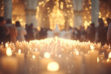 A charming glimpse of a floating church, lit up by hundreds of candles, with a choir dressed in white robes singing traditional carols and adorned with wreaths.