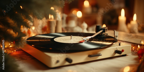 Closeup of a vintage record player spinning a vinyl record of Bing Crosbys White Christmas, surrounded by pine branches and candles.