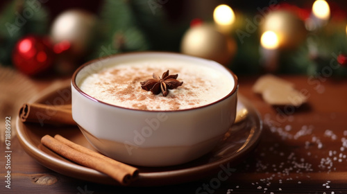 A beautiful bowl of coconut milkbased eggnog, sprinkled with nutmeg and served with a cinnamon stick, suitable for those avoiding dairy and added sugars. photo