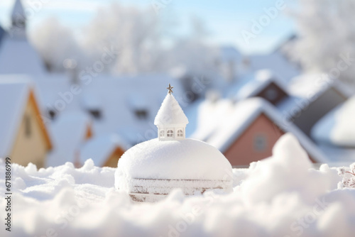 A snowcovered rooftop, with undisturbed snow forming a smooth and pristine surface. From a distance, it looks like a white blanket has been laid over the building.
