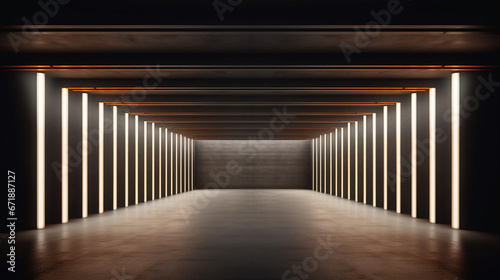 Long, empty, dark hallway with evenly spaced ceiling lights, casting a serene and visually appealing glow on the surroundings