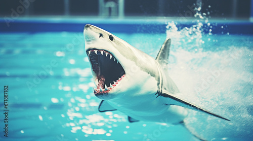 Large shark in swimming pool with open mouth  teeth exposed  suggesting a shark-themed attraction at a private residence or resort