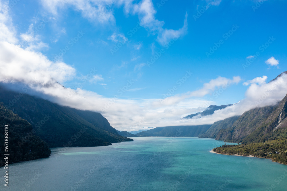 Aerial View of Lake Tagua Tagua in Chile with Clouds Moving in Patagonia