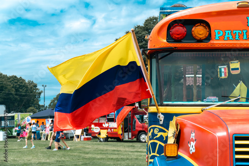 Charlotte, North Carolina, United States. July 22, 2023: Colombian festival. Colombian flag on shirts, chivas, shirts. photo