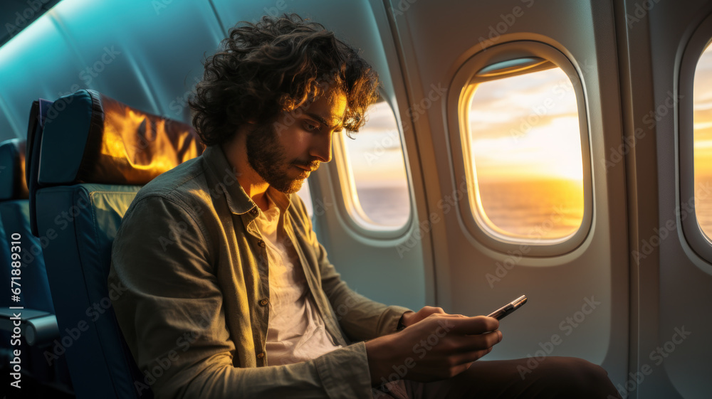 Young man uses mobile phone sitting in plane during flight. Passenger browsing social media on his smartphone inside flying airplane. Concept of travel, internet, technology, trip