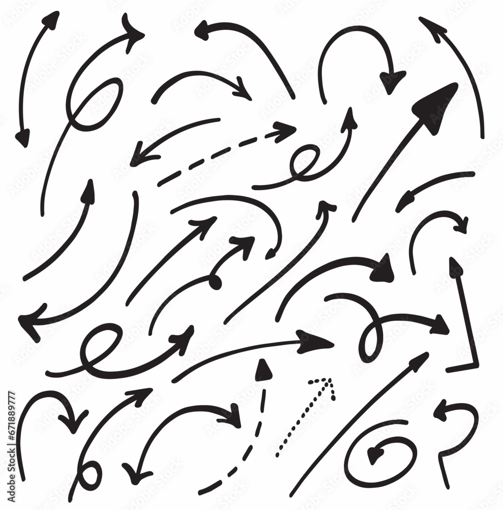 Charcoal arrows vector icons set. Hand drawn freehand different curved lines, swirls arrows. Doodle marker drawing, black chalk smears. Direction pointers. Scribbles and scrawls.
