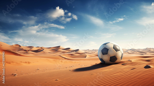Football ball on the sand dunes of a desert. Football in the desert photo