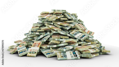 Big pile of Jamaican dollar notes a lot of money over transparent background. 3d rendering of bundles of cash