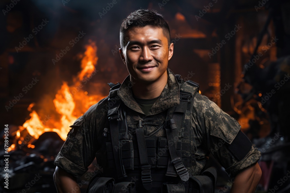 Fototapeta premium Asian Man Soldier Attractive Environment Generative AI