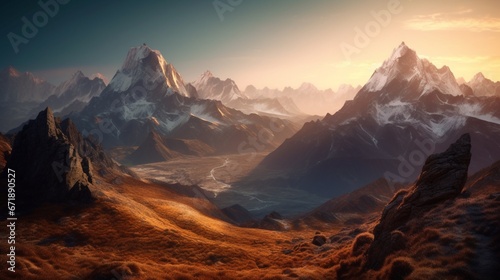 Beautiful himalaya mountain landscape sunrise sky background photography image AI generated art
