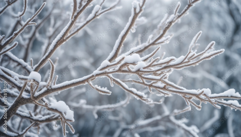Frosty Winter Day, White Snow on Bare Tree Branches Frosty Winter Day, White Snow on Bare Tree Branches