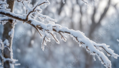 Frosty Winter Day, White Snow on Bare Tree Branches