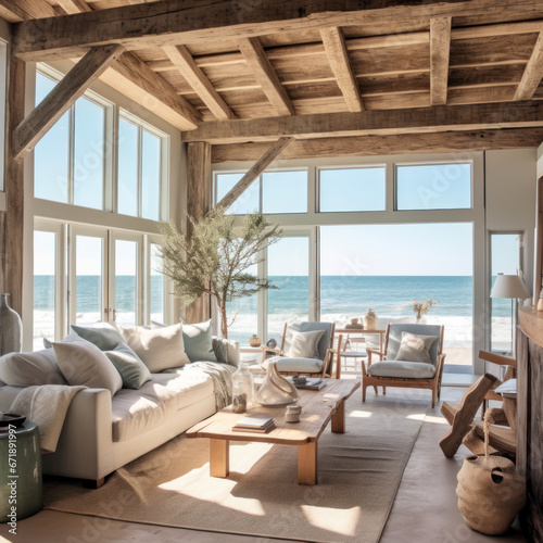  An airy beach house living room with pale blue walls  © Sekai