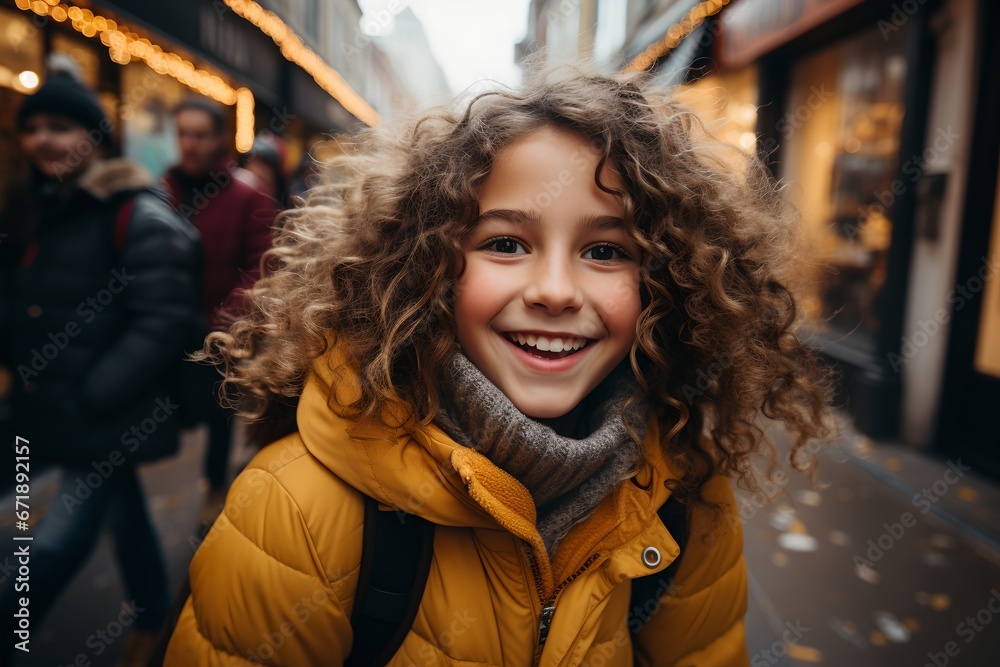 Happy girl in yellow jacket on the street Happy girl in yellow jacket on the street