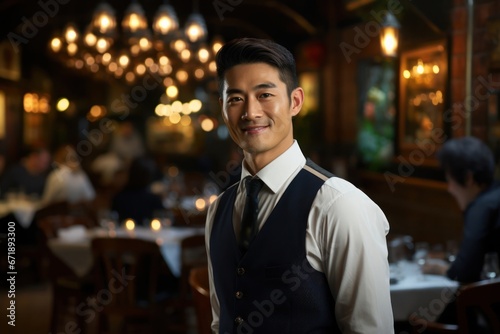 Asian Man Waiter Occupation Lifestyle Background Generative AI