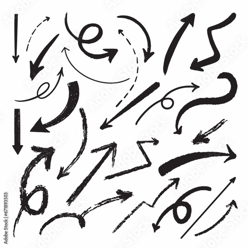 Charcoal arrows vector icons set. Hand drawn freehand different curved lines  swirls arrows. Doodle marker drawing  black chalk smears. Direction pointers. Scribbles and scrawls.