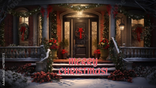 Christmas-themed entrance of a house with snow-covered decorations, a festive wreath on the door, red flowers, and a serene winter ambiance