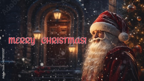 Close-up of Santa Claus with a jovial expression, set against a snowy backdrop of a festive doorway