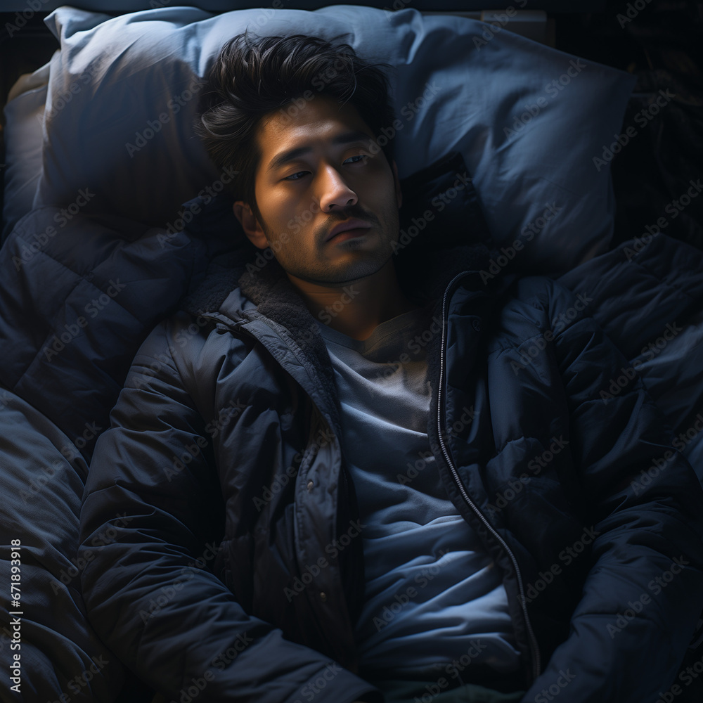 Fototapeta premium A man trying to sleep but he has insomnia or anxiety. Generative AI. 