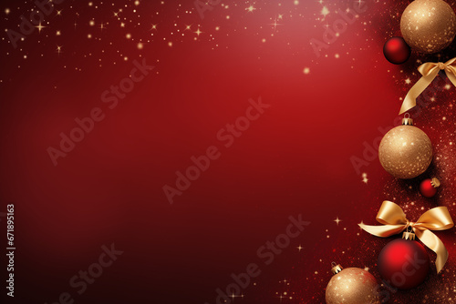 Red christmas background with balls and golden ribbon