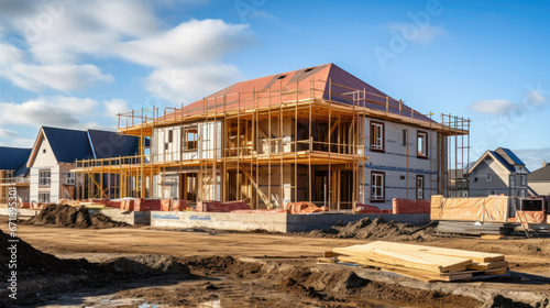 Construction residential new house in progress at building site housing estate development